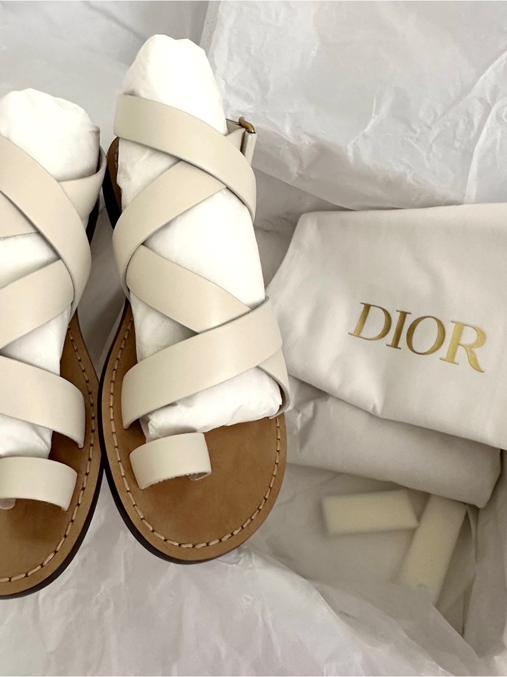 Dior Sun “Dioriviera” Cream Leather Crisscross Strap Sandals